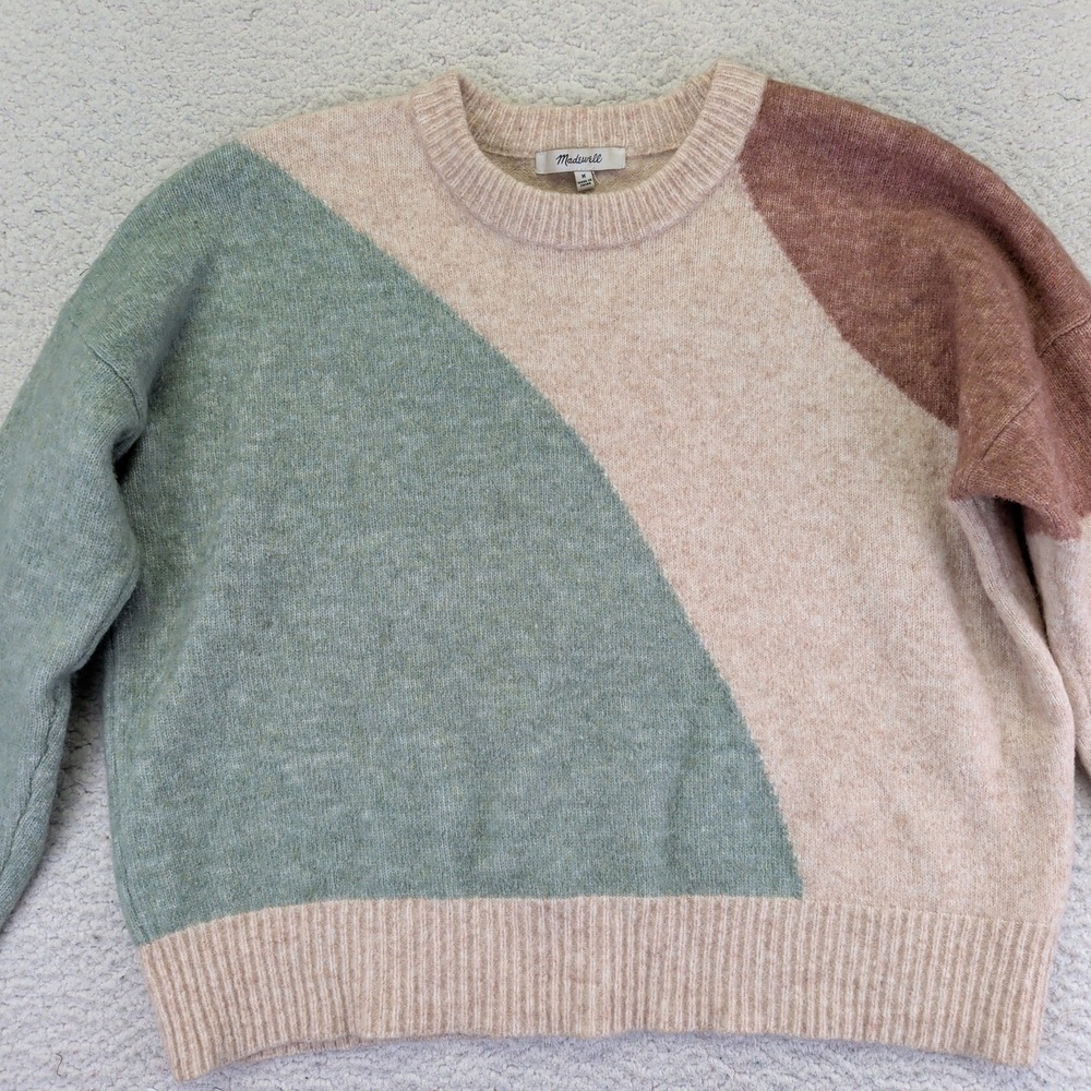 Madewell Colorblock Crew Neck Sweater in Green, Brown, and Cream - Picture 3 of 7
